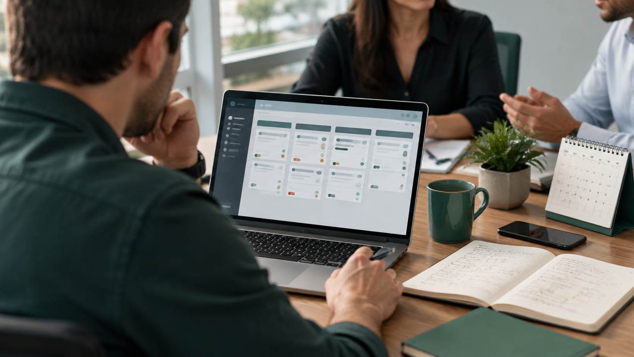 Gestora comercial revisa oportunidades e próximos passos em um CRM durante uma reunião semanal de pipeline.