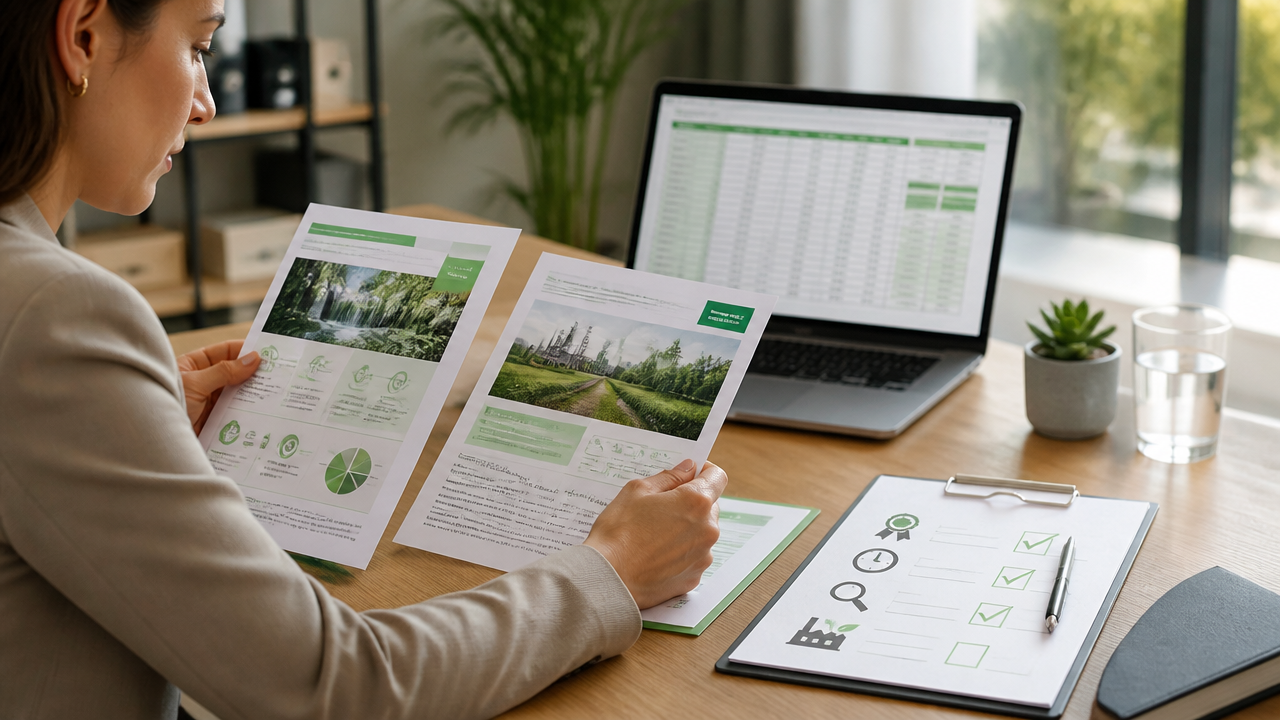 Gestora comparando critérios de cursos de gestão ambiental em mesa de escritório