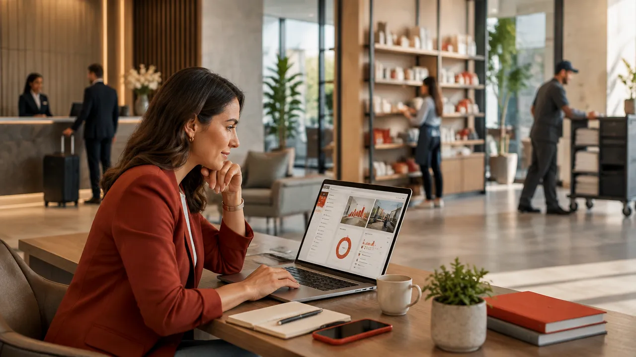 Gestora comparando soluções de software SaaS para diferentes setores em um notebook