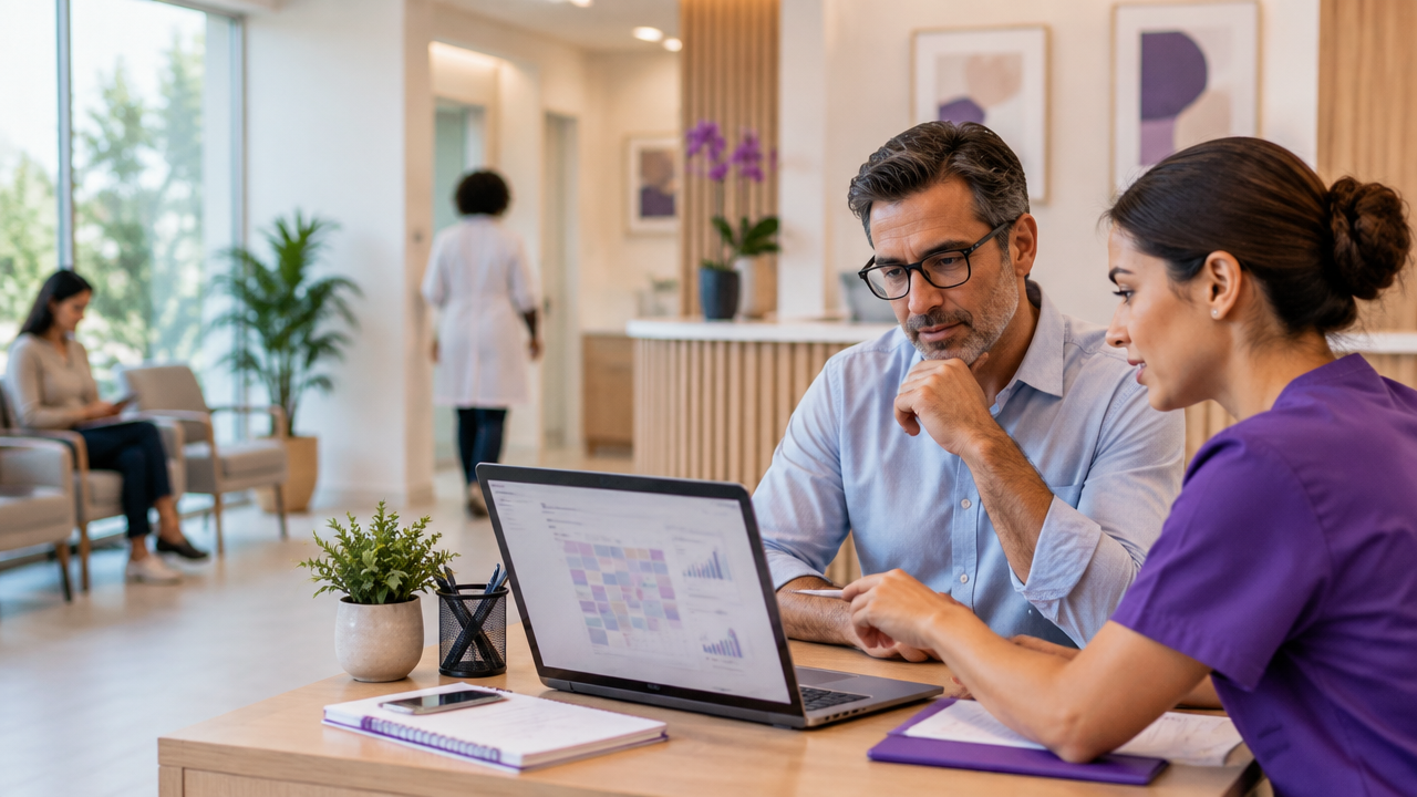 Gestora de clínica avaliando no notebook uma agenda digital enquanto conversa com a recepcionista