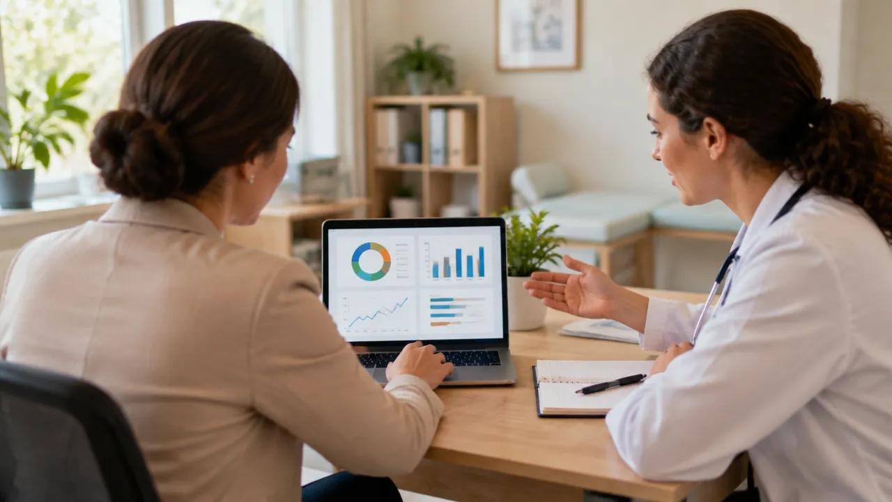 Gestora de clínica revisa painel mensal de custos e produtividade com um profissional de saúde