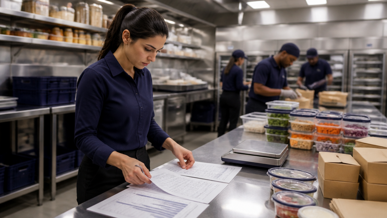 Gestora de delivery analisando custos e ingredientes porcionados em cozinha profissional.