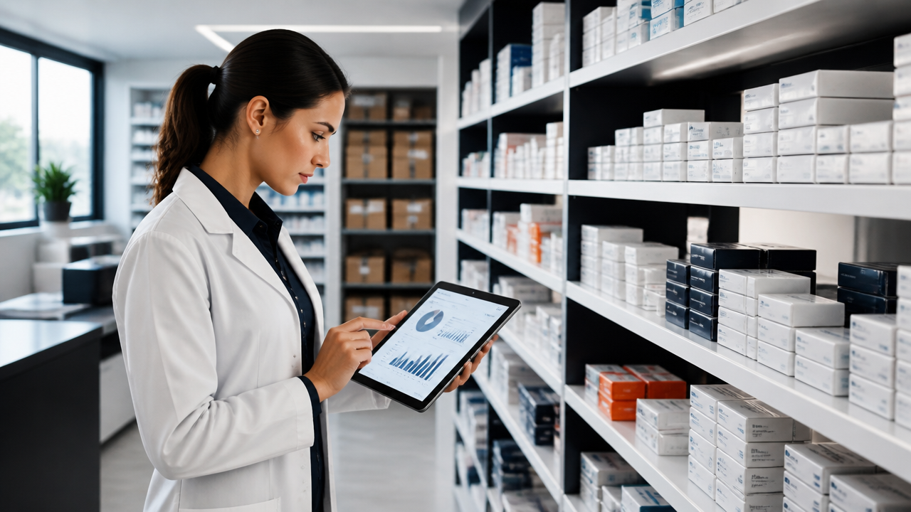 Gestora de farmácia analisando estoque e compras com apoio de dados em ambiente organizado