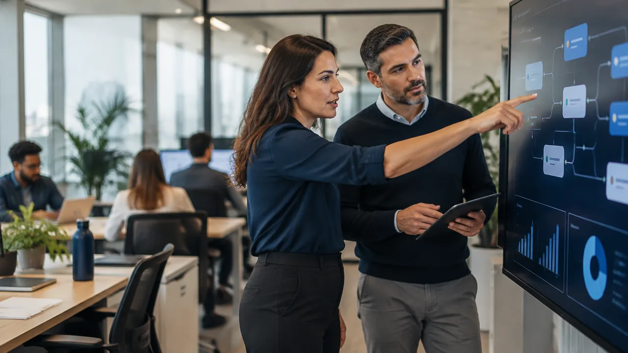 Gestora de operações e profissional de tecnologia analisam juntos um fluxo de trabalho com apoio de inteligência artificial.