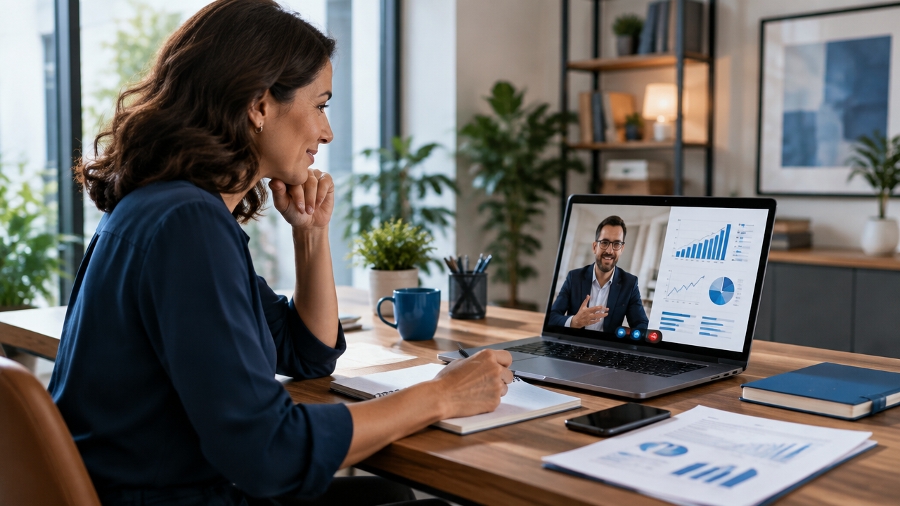 Gestora de pequena empresa conversa por videochamada com especialista financeiro externo