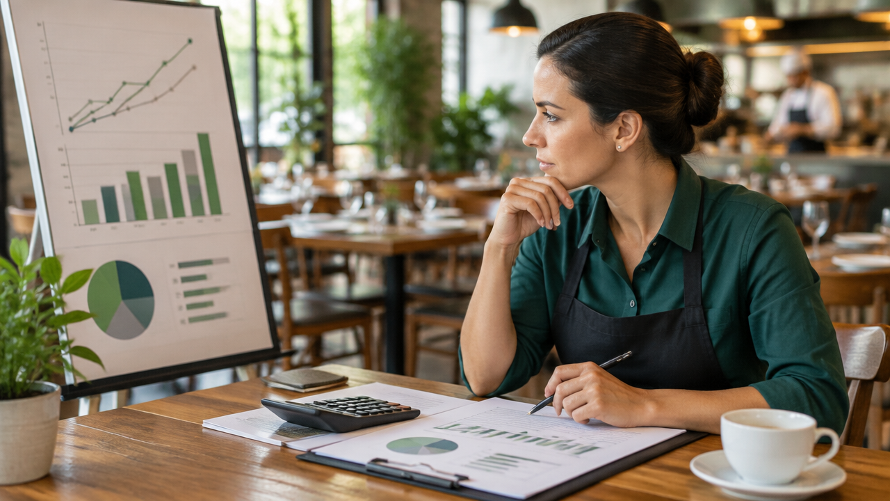 Gestora de restaurante avaliando um gráfico financeiro para planejar o ponto de equilíbrio