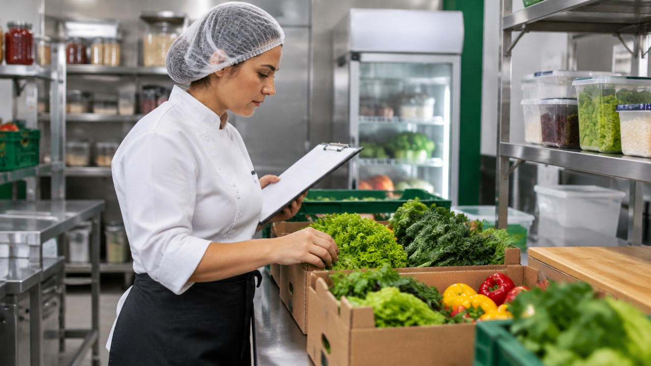 Gestora de restaurante confere hortaliças recebidas e organiza o controle de estoque em cozinha profissional limpa.