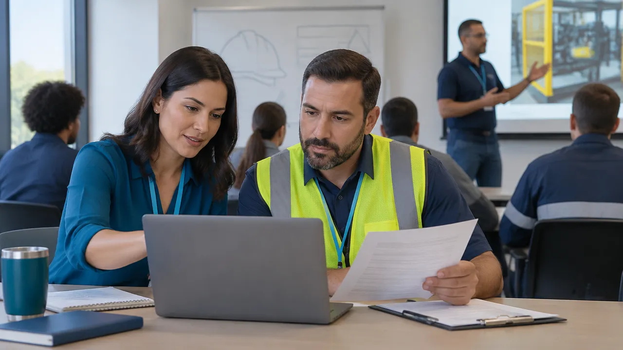 Gestora de treinamento e profissional de SST organizam orientação e registros de aprendizagem em ambiente corporativo