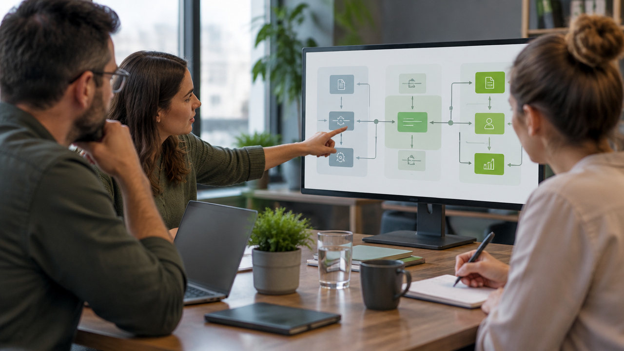 Gestora e profissional de tecnologia avaliando opções de sistema para um processo empresarial