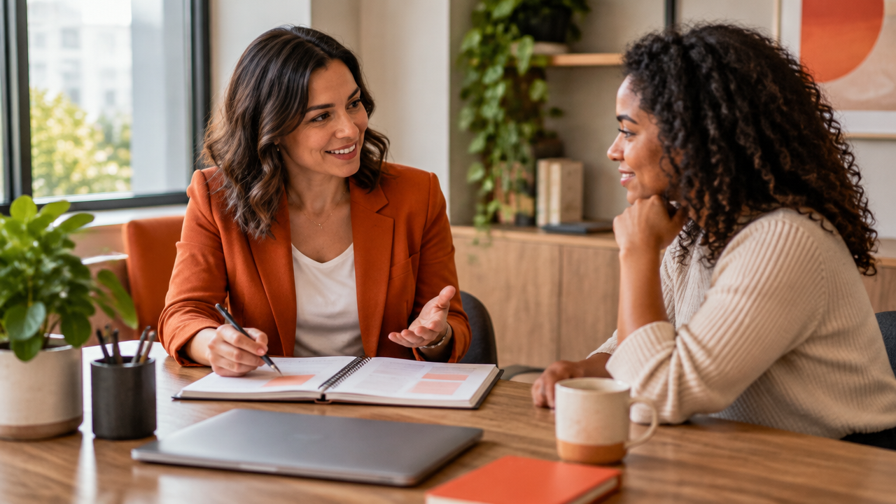 Gestora e profissional definem próximos passos de desenvolvimento em uma conversa de feedback