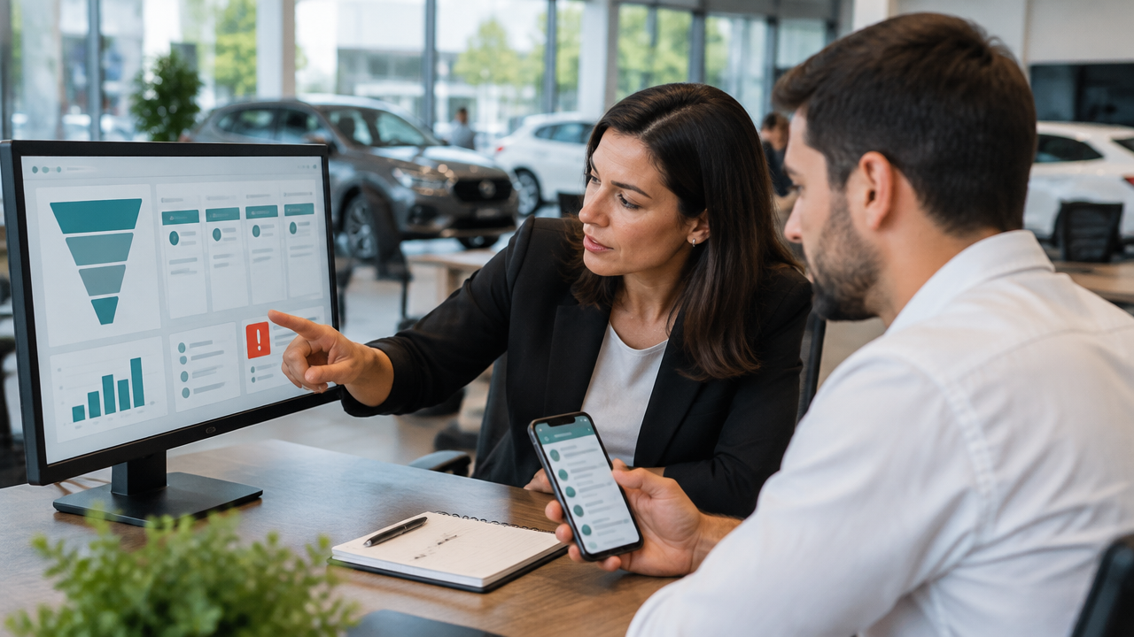 Gestora e vendedor de concessionária analisam uma conversa e oportunidades pendentes em painel comercial genérico