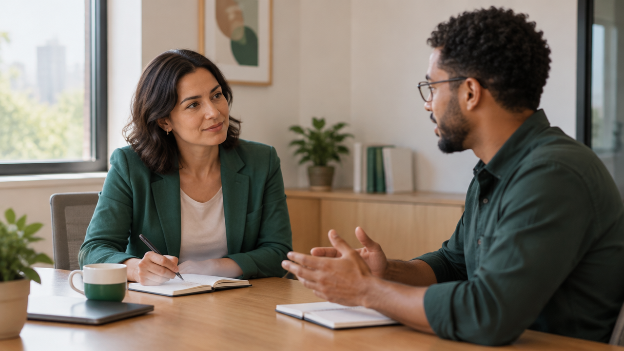 Gestora escuta um colega em conversa franca, demonstrando uma prática concreta para reconstruir confiança no trabalho.