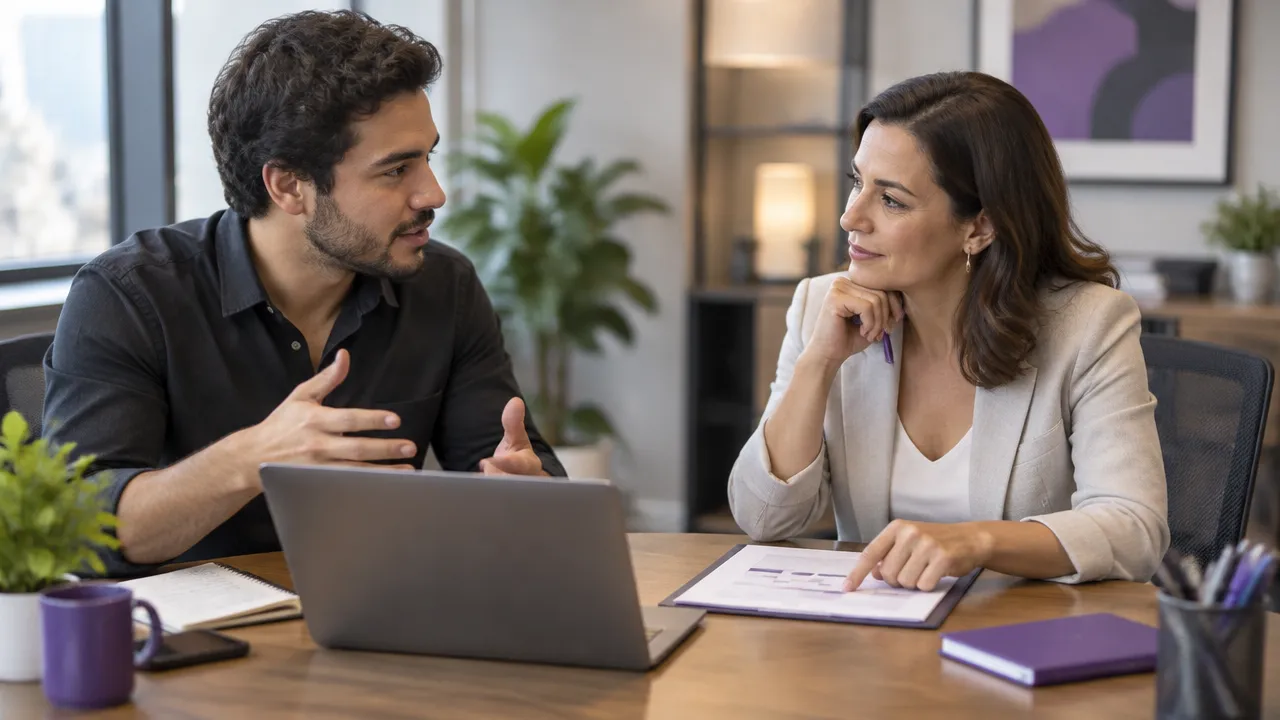 Gestora escuta um profissional e ajusta o apoio durante uma conversa sobre desenvolvimento no trabalho