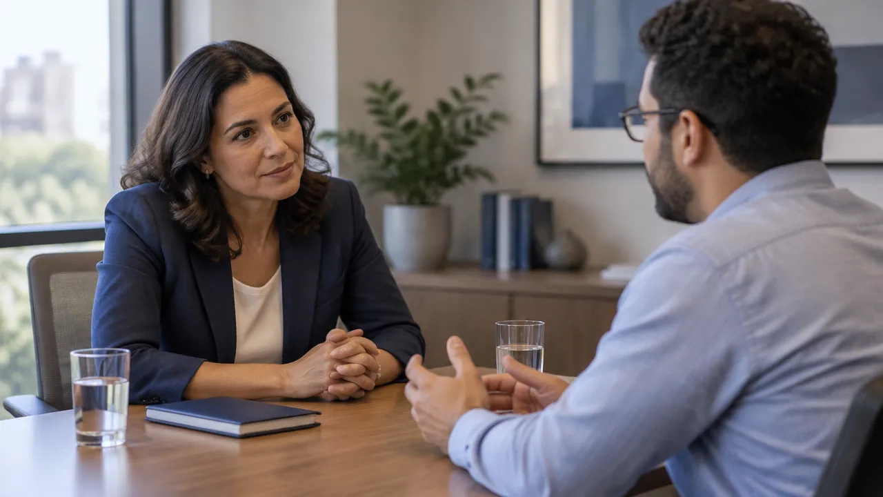 Gestora escutando com atenção um colaborador em conversa reservada no trabalho