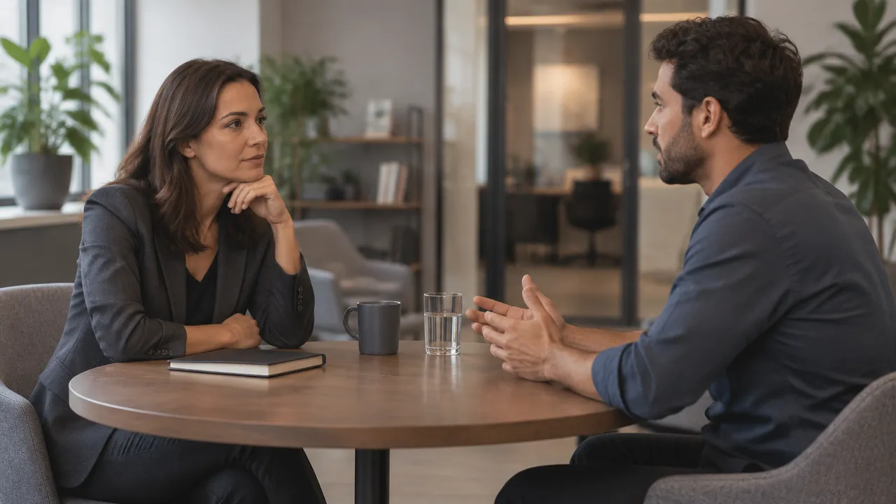 Gestora faz uma pausa e escuta um colaborador durante conversa de feedback