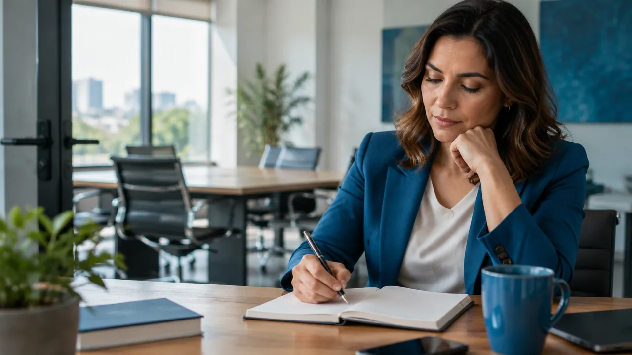 Gestora faz uma pausa e registra suas emoções em um caderno antes de uma conversa difícil.