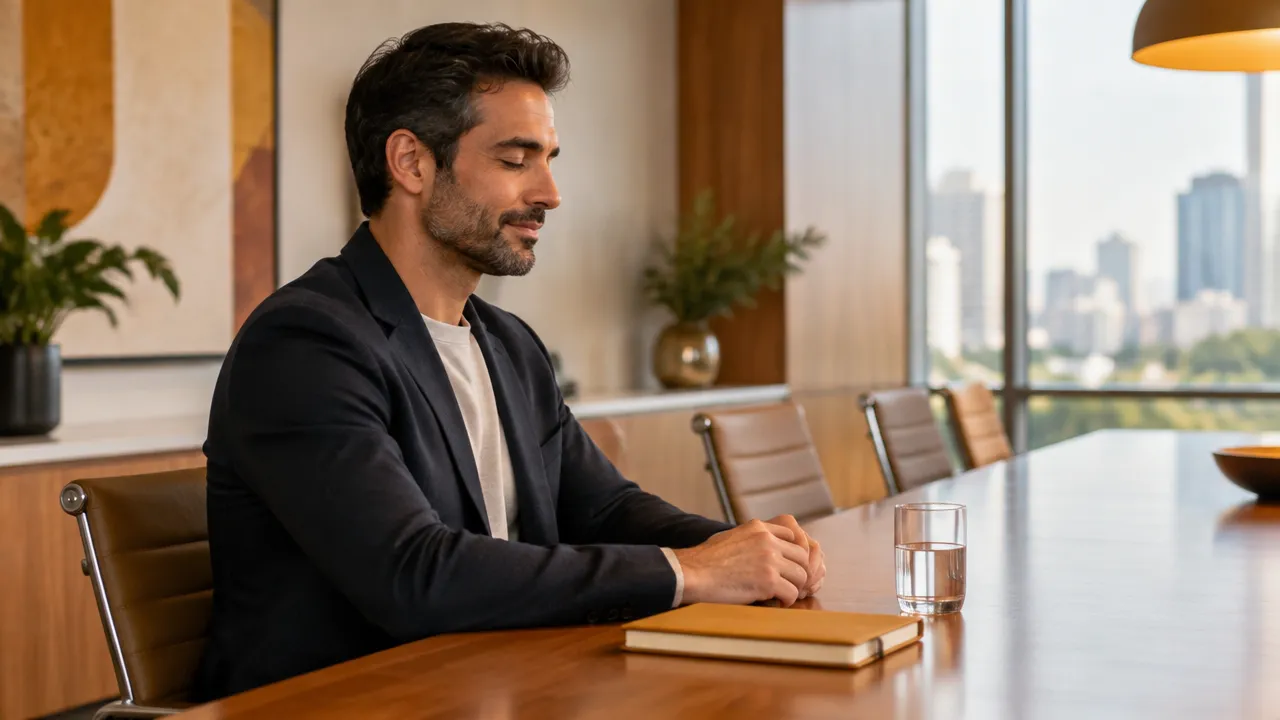 Gestora fazendo uma pausa de respiração consciente antes de uma conversa importante