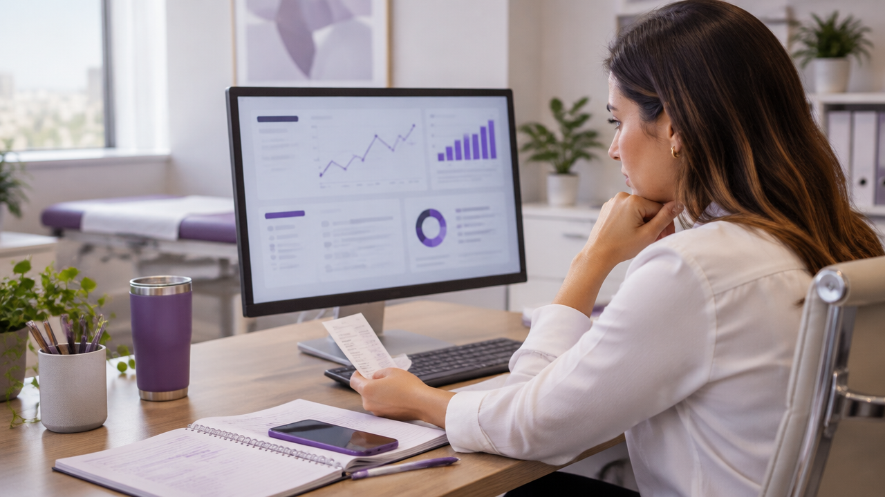 Gestora financeira de clínica confere recebimentos em um painel digital e documentos