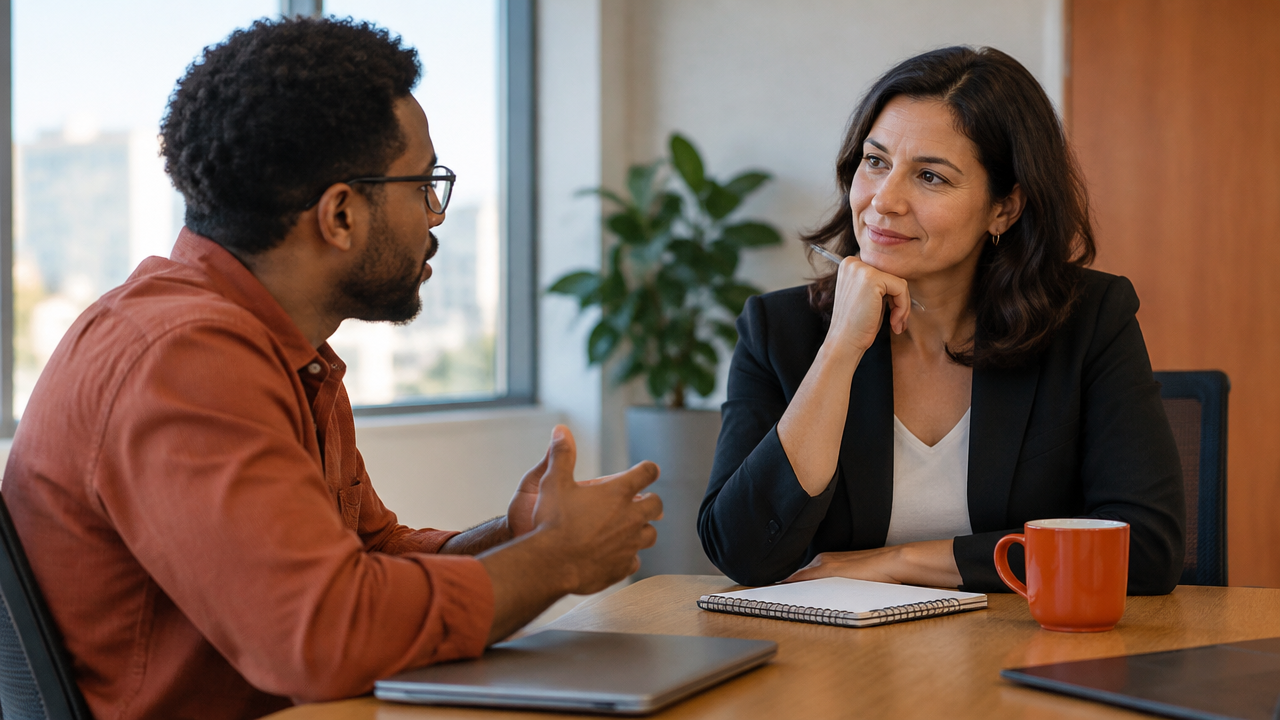 Gestora ouvindo com atenção um profissional que relata um erro em conversa de trabalho