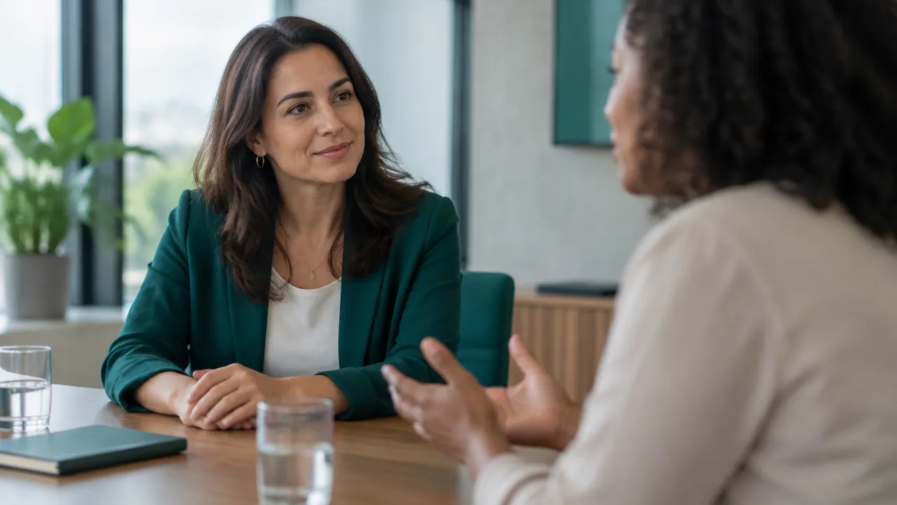 Gestora pratica escuta consciente durante uma conversa individual de trabalho