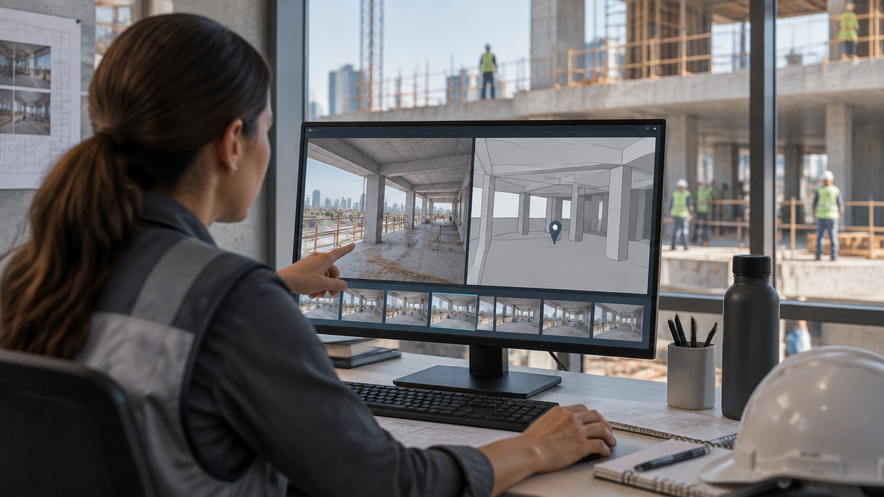 Gestora relaciona imagens datadas do canteiro com o modelo tridimensional BIM para acompanhar o progresso