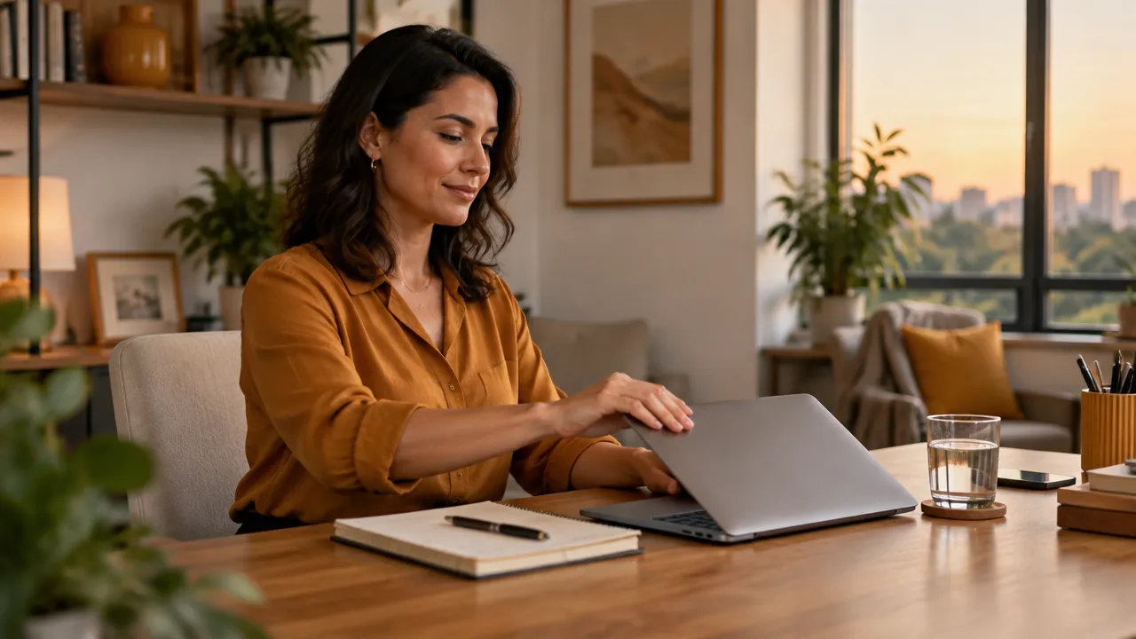 Gestora remota fecha o laptop ao fim do expediente para preservar limites de trabalho.