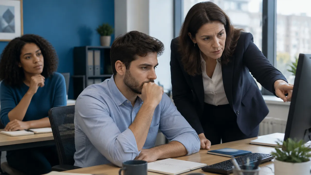 Gestora revisa cada etapa do trabalho no computador, enquanto o profissional ao lado demonstra pouca autonomia.