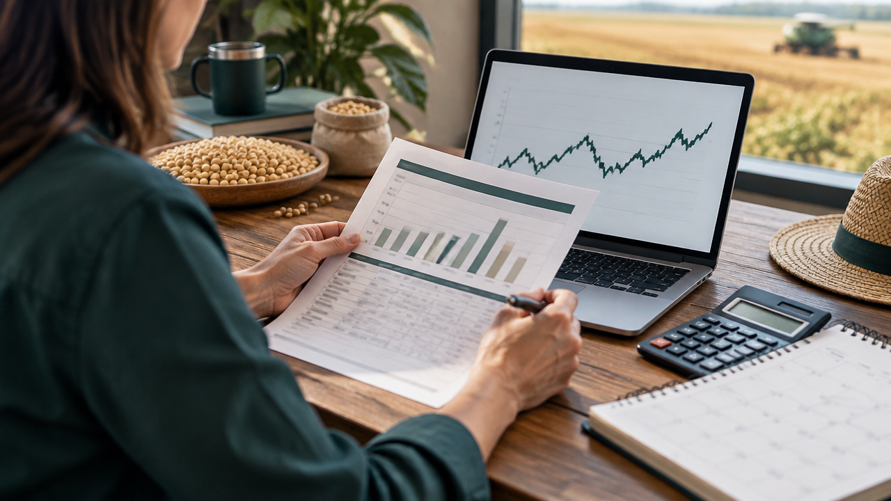 Gestora rural compara a previsão de receita da safra com um gráfico cambial ao planejar um hedge