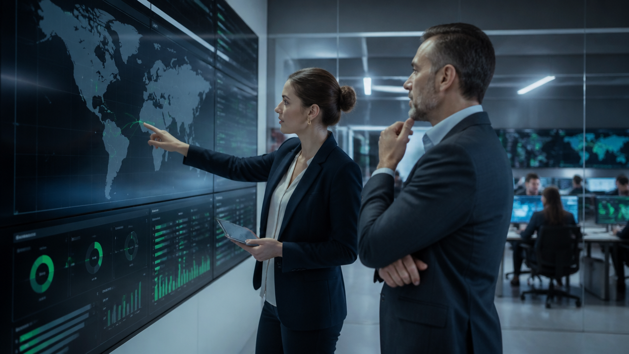 Gestores acompanhando continuidade operacional e cadeia de suprimentos em tempo real