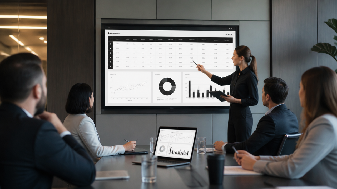 Gestores avaliando métricas de um piloto de inteligência artificial em dashboard corporativo.