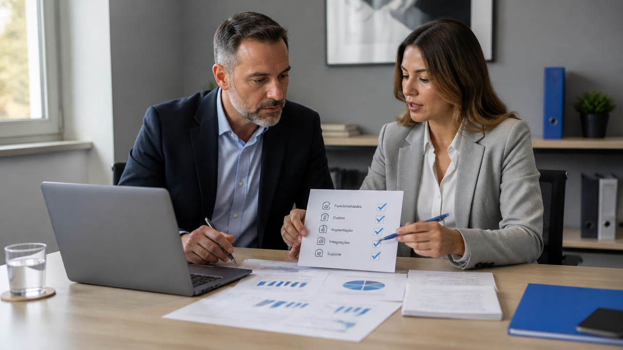 Gestores comparando opções de sistema com checklist de escolha e custos
