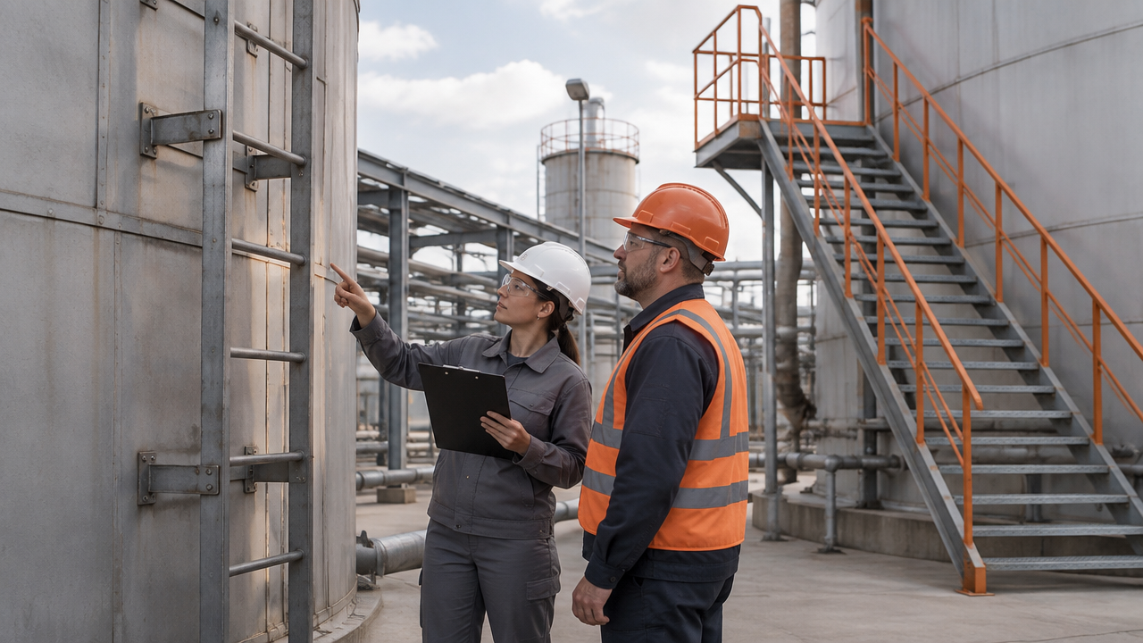 Gestores de manutenção e segurança avaliando uma escada vertical e alternativas de acesso em instalação industrial