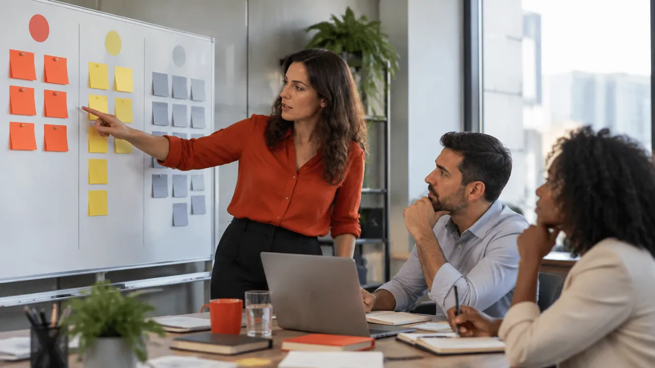 Gestores de uma pequena empresa selecionam poucas prioridades em um quadro de planejamento estratégico