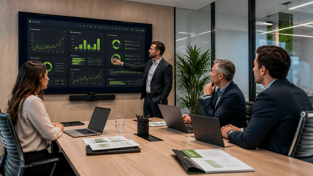 Gestores em reunião analisando indicadores de infraestrutura de TI em ambiente corporativo moderno