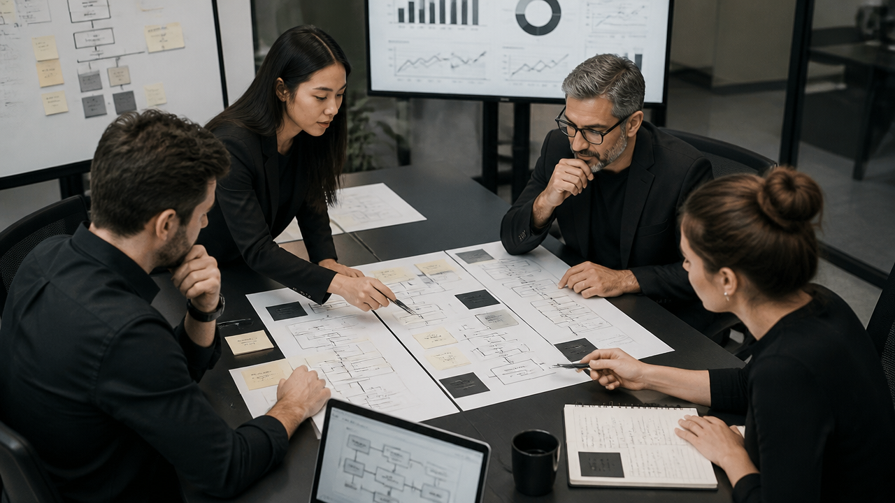 Gestores mapeando processos e priorizando automações em reunião corporativa