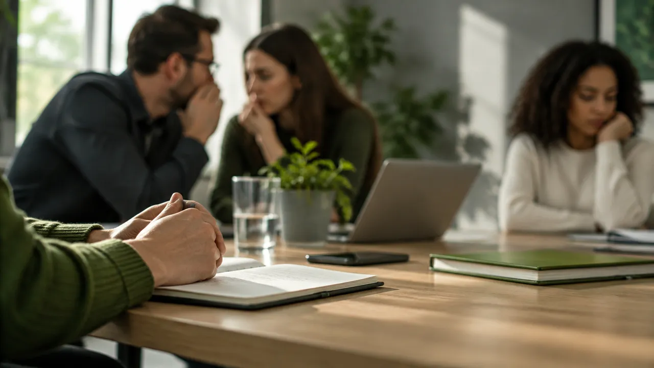 Gestos de retraimento e comunicação indireta durante uma reunião de equipe.