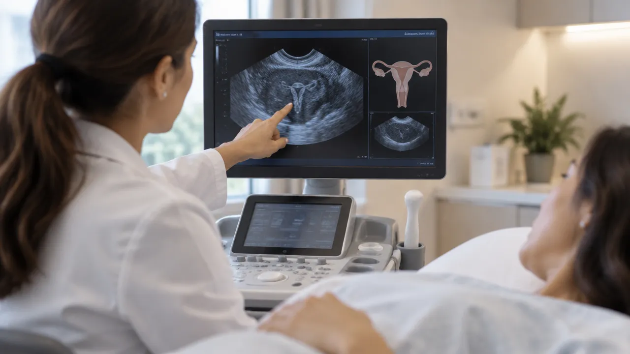 Ginecologista analisa imagem de ultrassom pélvico para avaliar o endométrio