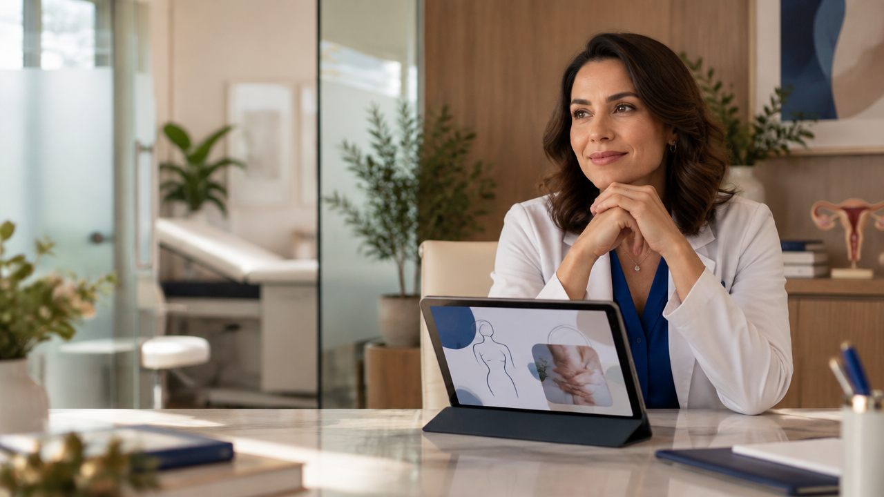 Ginecologista em consultório analisando uma campanha digital no tablet
