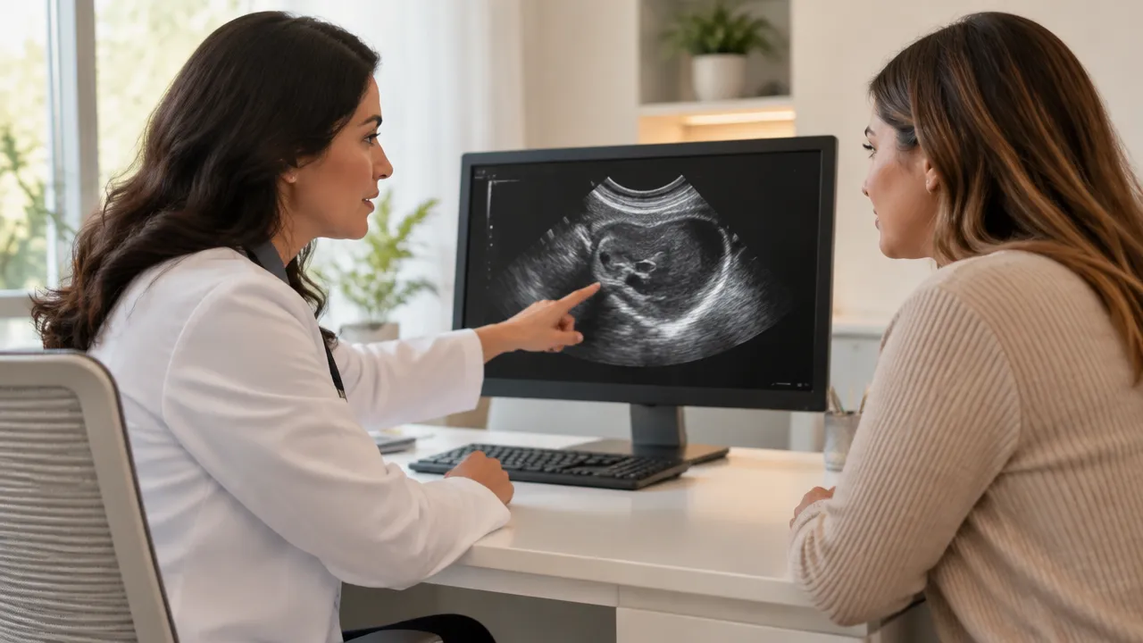 Ginecologista explica à paciente a avaliação por imagem para investigar sangramento menstrual intenso.