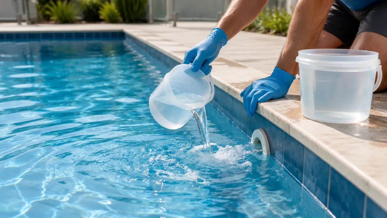 Gloved hands carefully adding diluted calcium increaser to circulating pool water