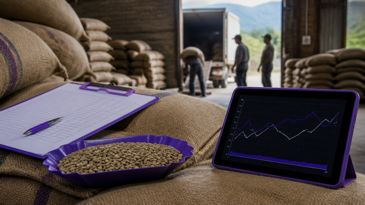 Green coffee sacks in a warehouse illustrating basis risk in physical coffee markets