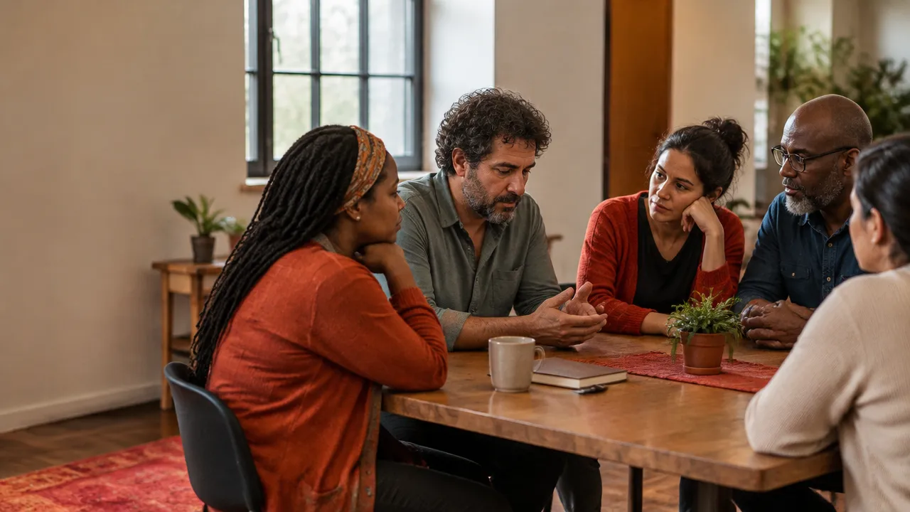 Grupo comunitário em silêncio ao redor de uma mesa, representando a tensão da culpa e a possibilidade de reconstruir a ação coletiva.
