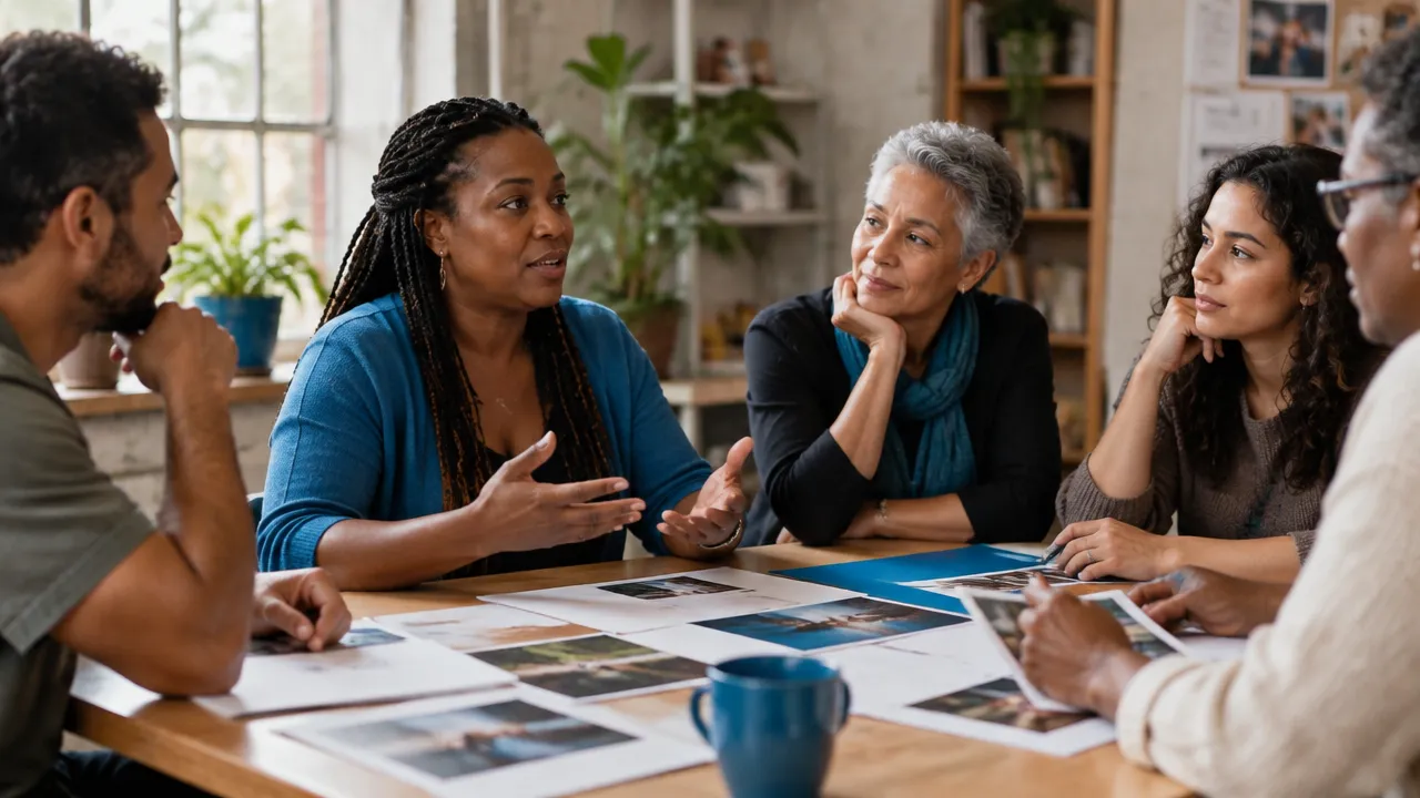 Grupo comunitário escuta relatos e organiza ideias compartilhadas em torno de uma mesa