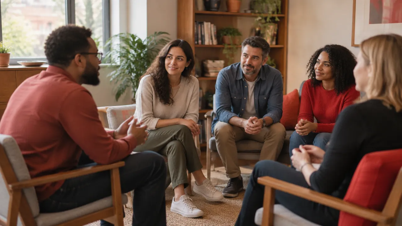 Grupo de adultos em conversa, com uma nova integrante sendo acolhida enquanto vínculos prévios se mostram na disposição das pessoas.