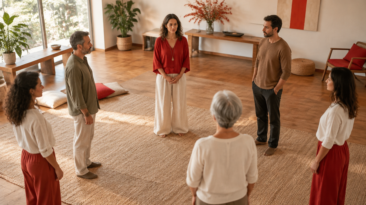 Grupo de adultos en una sala luminosa que representa de forma simbólica los vínculos familiares.