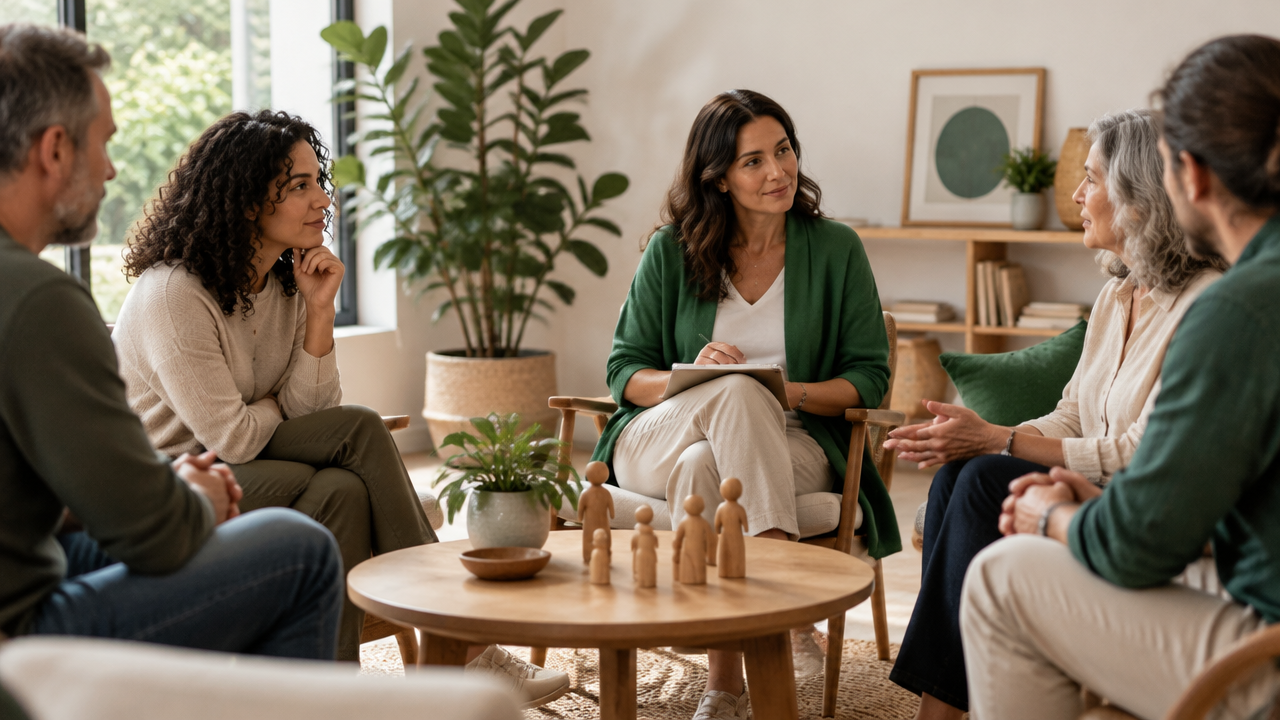 Grupo de adultos en una sesión reflexiva con figuras de madera que representan vínculos familiares