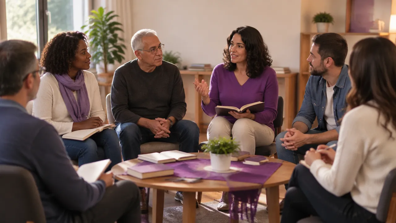 Grupo de adultos reunido para estudo e conversa em uma sala comunitária acolhedora