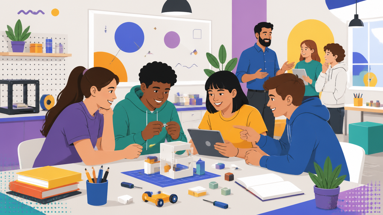 Grupo de estudantes em atividade colaborativa com foco em competências socioemocionais e projetos práticos.