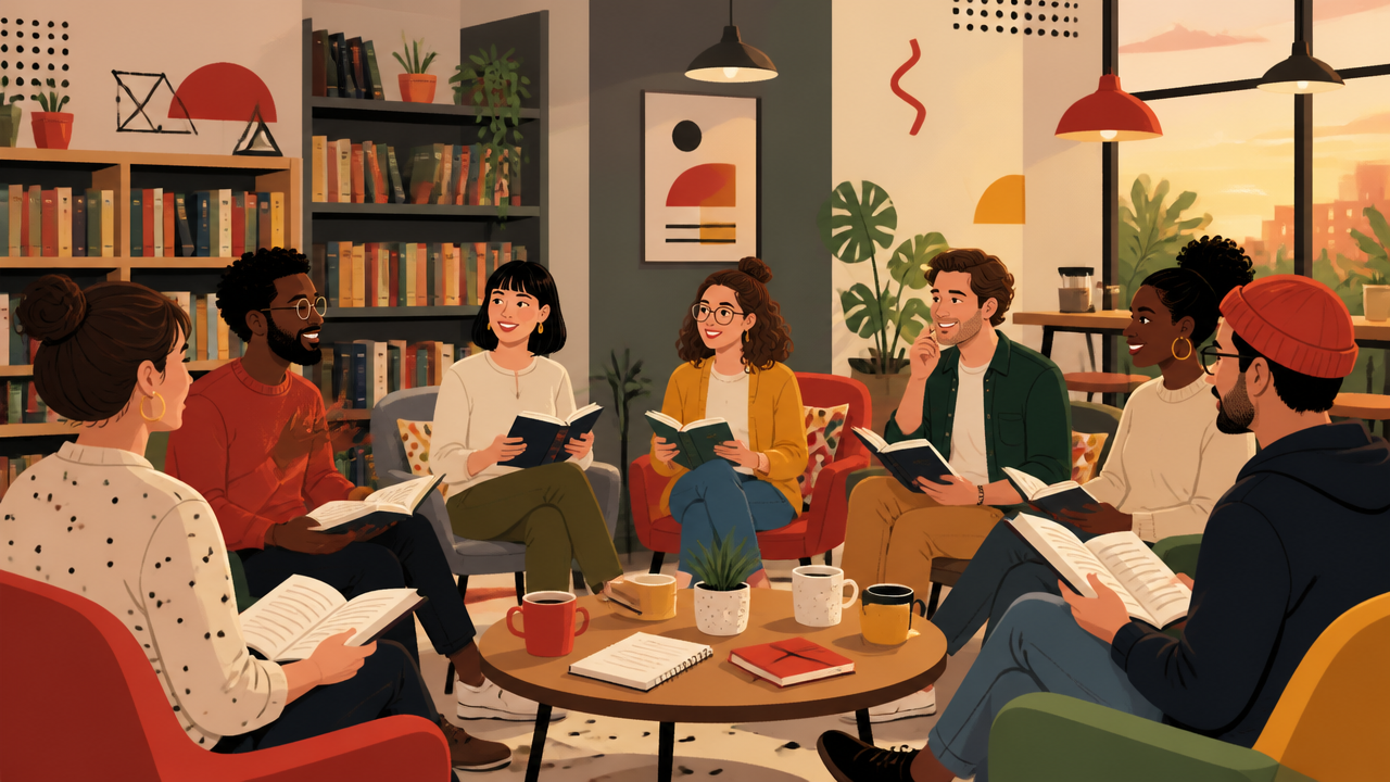 Grupo de leitores reunido em um clube de leitura presencial, conversando com livros abertos em uma livraria-café.