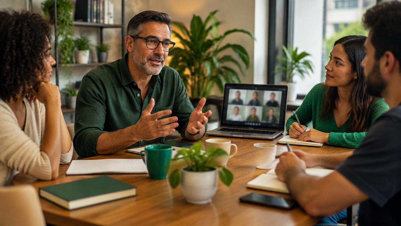 Grupo de mentorados participando de uma sessão de comunidade e troca de experiências